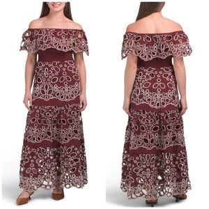 💜🔹️Solitaire🔹️ Burgundy Off The Shoulder  Cut  Out Embroidered Maxi Dress